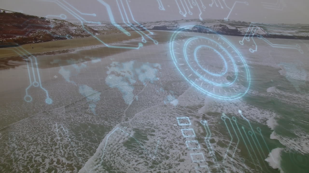 Digital interface animation over aerial view of ocean waves and beach