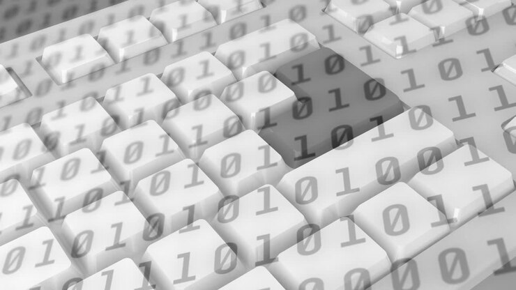 Animation of binary coding over computer keyboard on grey background