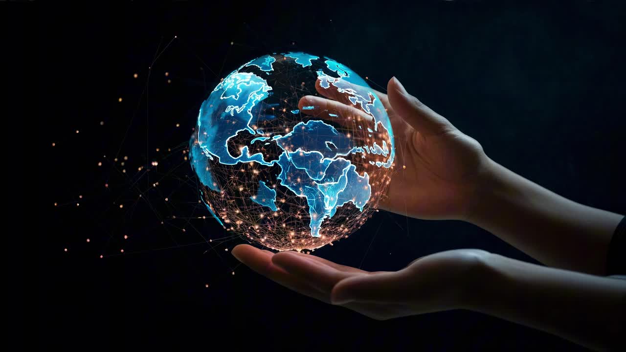 Un concepto de vídeo futurista con unas manos sosteniendo un globo digital brillante