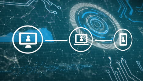 animación de una red de iconos digitales a través de conexiones de escáner redondo y microprocesador.