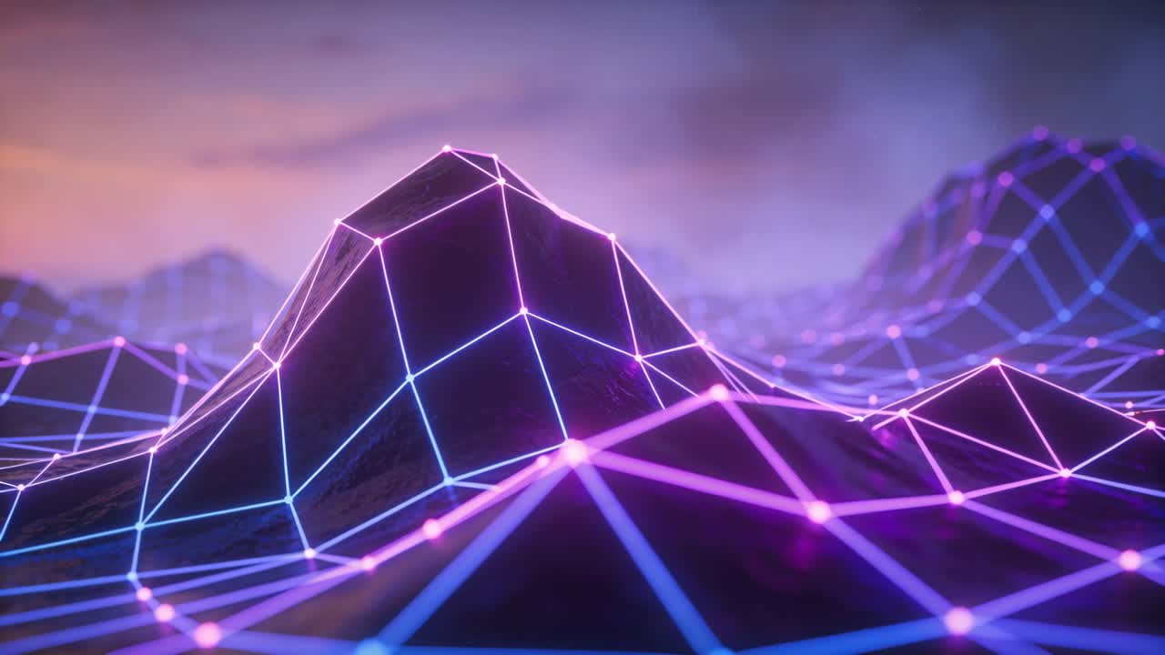 Camera approaching, central wireframe mountain pulsing nodes and shifting hues for tech design