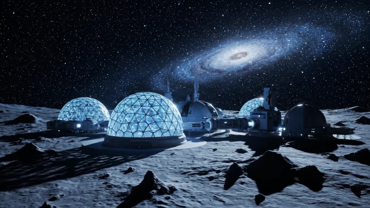 Lunar Base on the Moon with Galaxy Background
