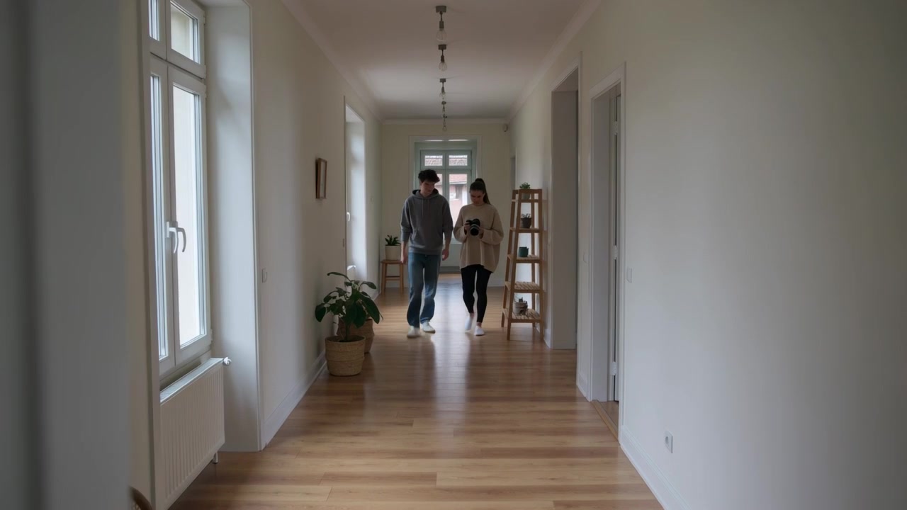 Gehendes Paar kommt vom Ende herein, geht einen langen Flur entlang, Frau hält Tasse und betrachtet das Zuhause.