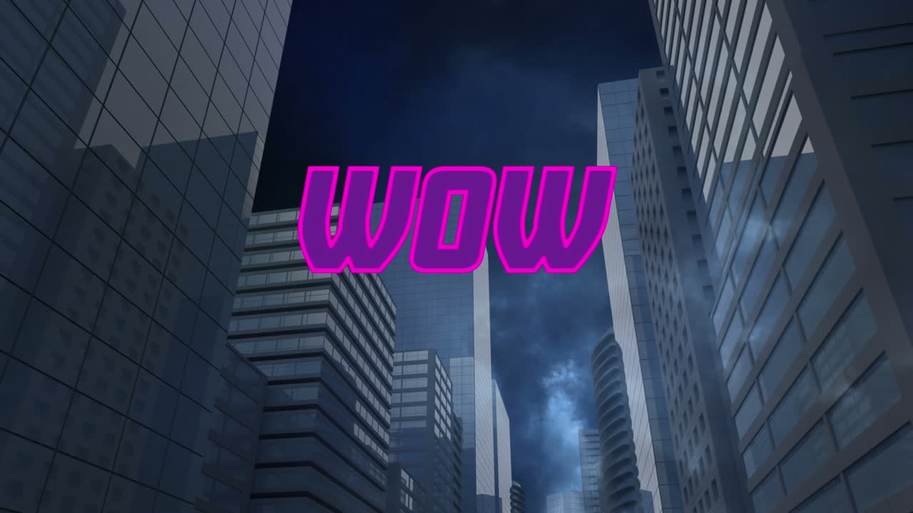 Animation of wow text over lightning and cityscape