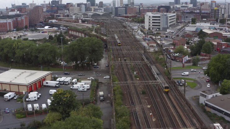Drone Shot Tracking Train Near Manchester Piccadilly Station 03