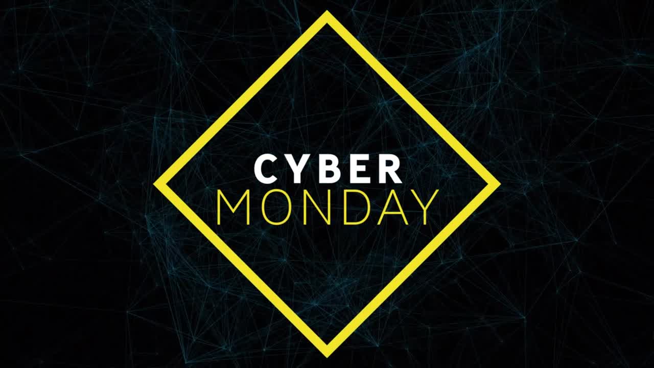 Animation af teksten "Cyber Monday Sale" over netværk af forbindelser.