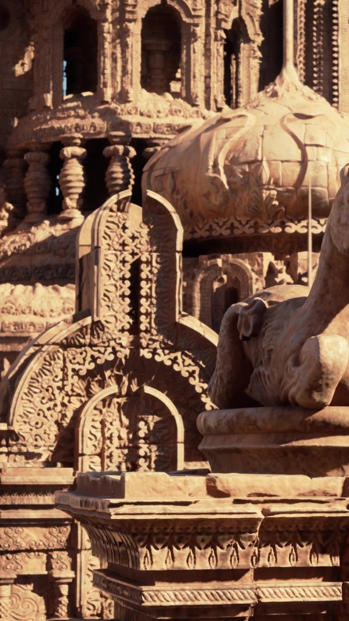 Vista dettagliata di sculture in pietra in un complesso di templi storico in India.