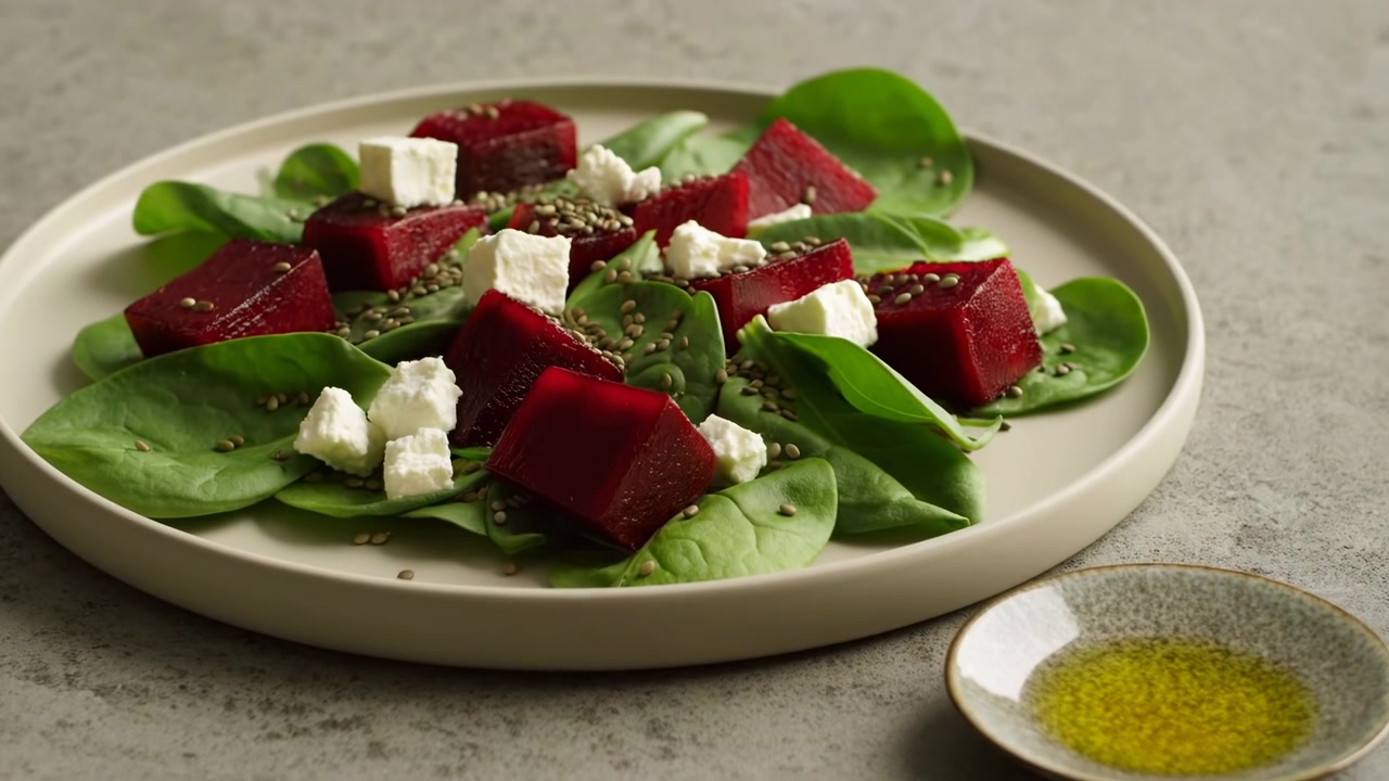 Rødbedesalat på spinatblade tallerken, marinerede rødbedetern, smuldret feta, sesamfrø, lille skål olivenolie