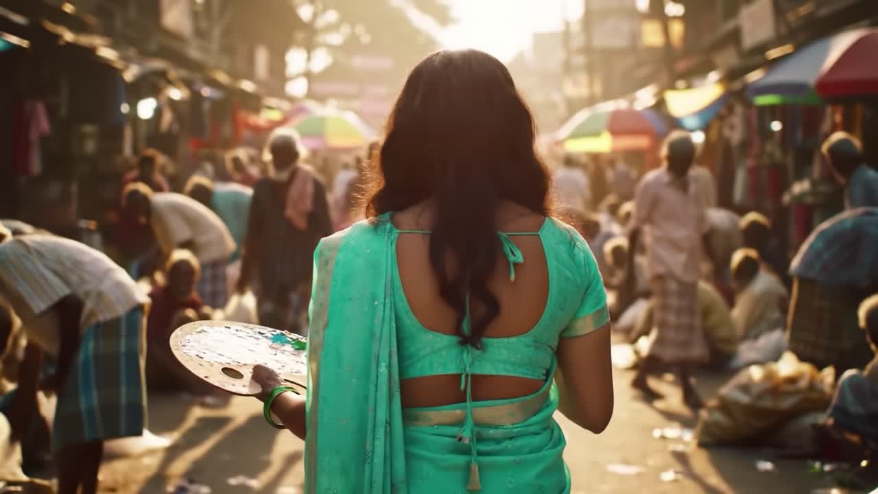 A Vibrant Market Scene Captured: A Woman in Traditional Attire Walks Through a Bustling Marketplace, Bathed in Warm Light, as Colors and Life Surround Her