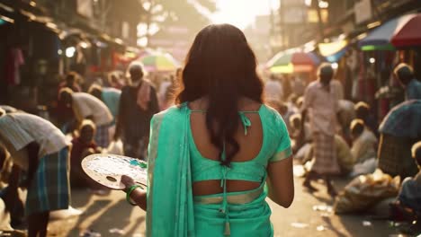 a vibrant market scene captured: a woman in traditional attire walks through a bustling marketplace, bathed in warm light, as colors and life surround her