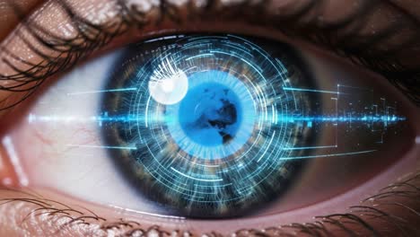 captivating transformation of the human eye illustrating digital connections and cosmic elements through a futuristic lens in two distinct frames