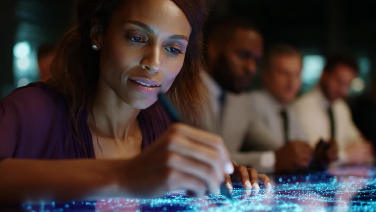 A focused individual engages with a digital interactive display, skillfully using a stylus to create intricate designs, surrounded by colleagues collaborating in a high-tech environment