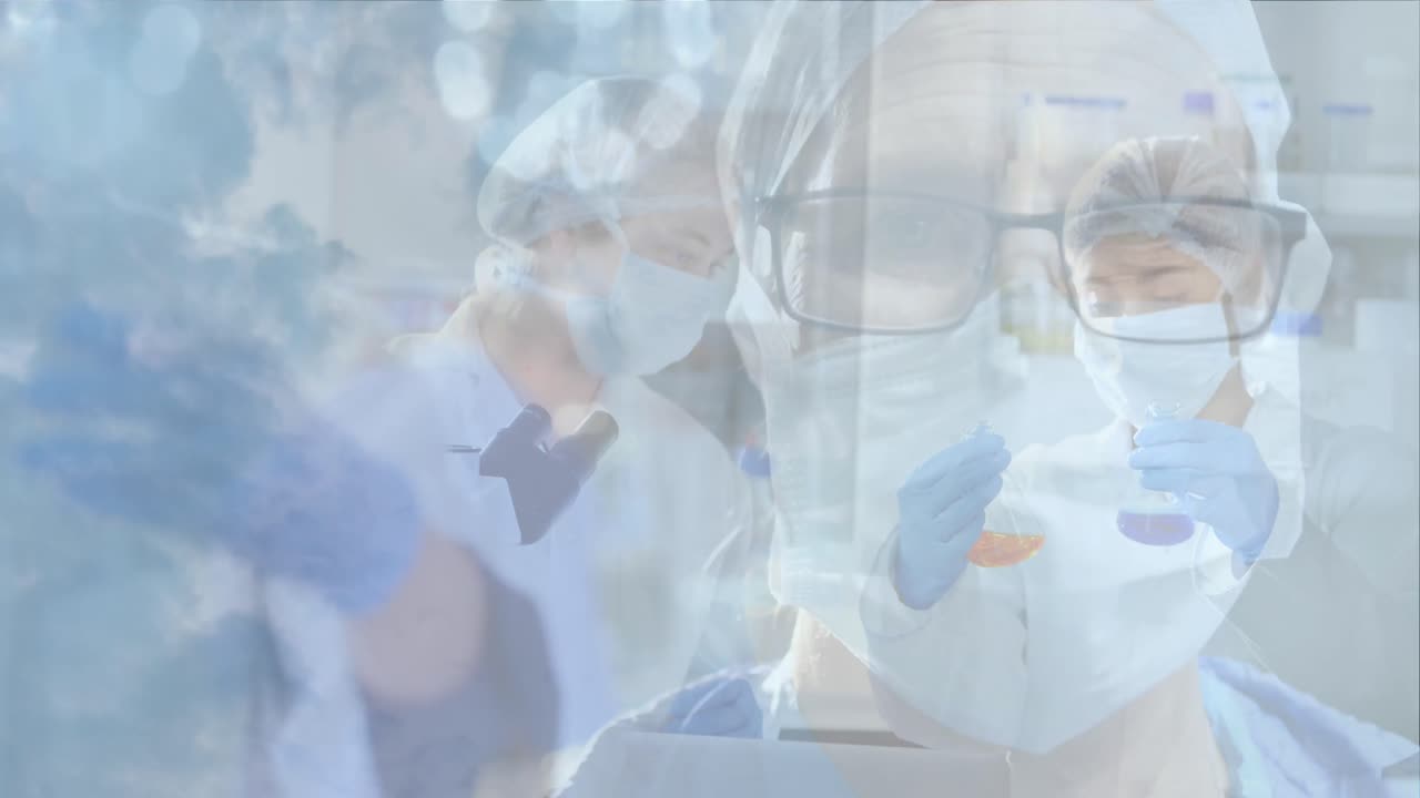 코로나바이러스 코로나19 마스크를 착용한 남성 의사가 외과 의사들과 함께 카메라를 바라보는 애니메이션