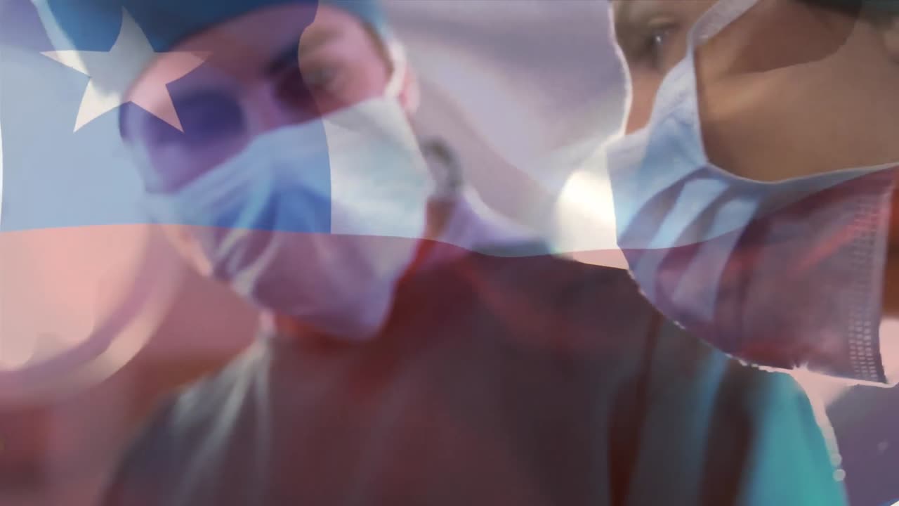 Animation of flag of chile waving over surgeons in operating theatre
