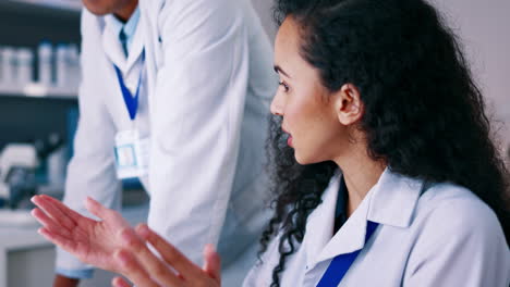 talking, teamwork and scientist people on computer