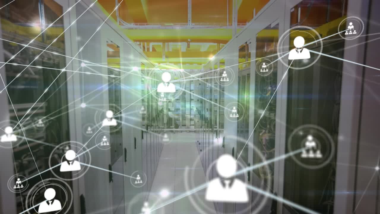Animation af netværk af forbindelser med ikoner og databehandling over computerservere