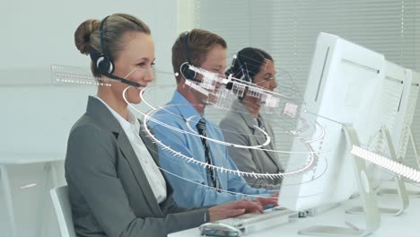 Animation-of-scope-scanning-over-diverse-business-people-using-phone-headsets