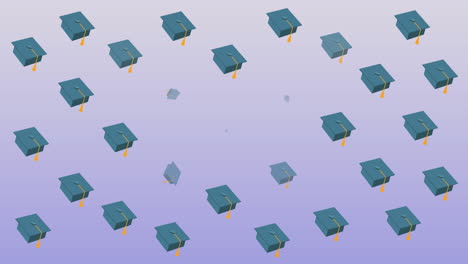 animación digital de múltiples sombreros de graduación y iconos de libros contra un fondo de gradiente púrpura