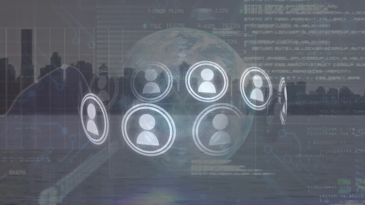 Animation of people icons and data processing over cityscape