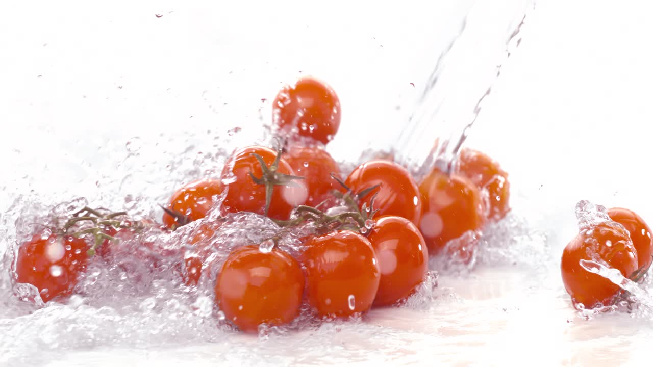 Fresh water splash on red Cherry tomatos. Shot on super slow motion camera 1000 fps