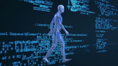 animación de un modelo humano caminante sobre el procesamiento de datos en espacio azul y negro