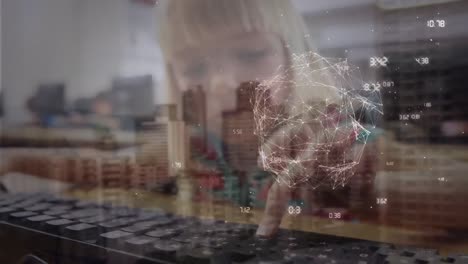 Animation-of-globe-and-coordinates-over-caucasian-girl-using-laptop