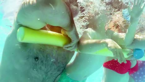 family swimming in pool