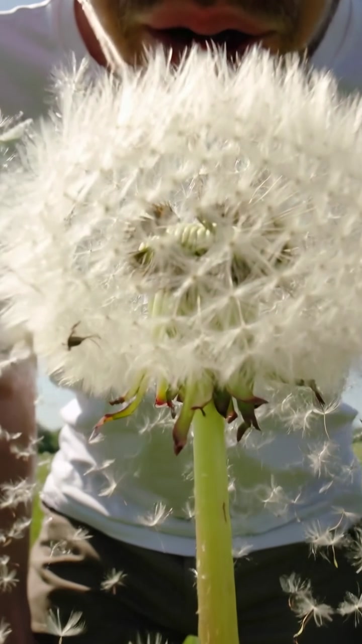 Vertical video: Blowing man in tee and shorts, leaning forward in field to scatter dandelion seeds