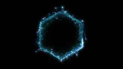 seamless loop. animation of a hexagonal blue portal consisting of particles and bursts of energy isolated on black background with alpha luma matte vfx cg 4k.