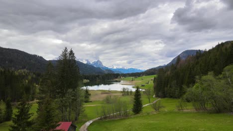 aerial view of mountain lake geroldsee in bavarian alps