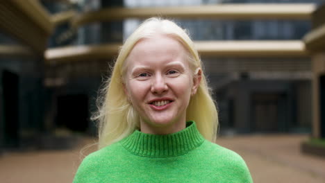 smiling albino woman on the street