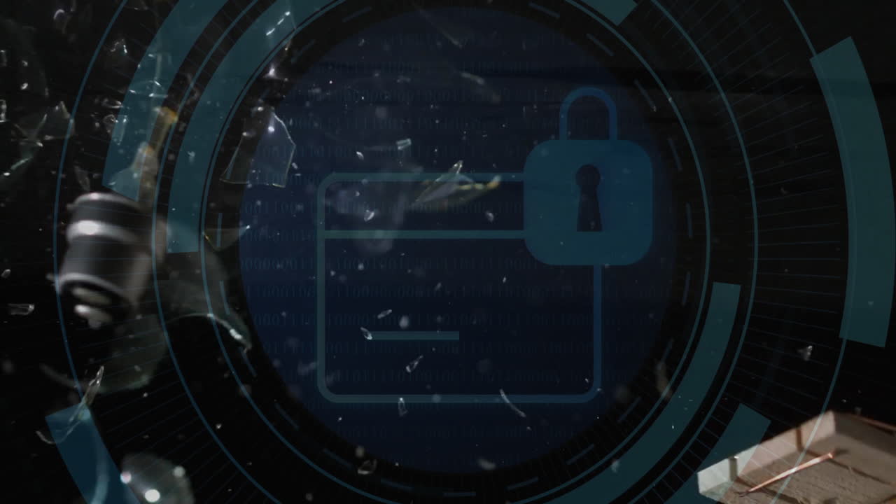 Folder icon being shielded by padlock overlay in digital interface rings, showing floating debris