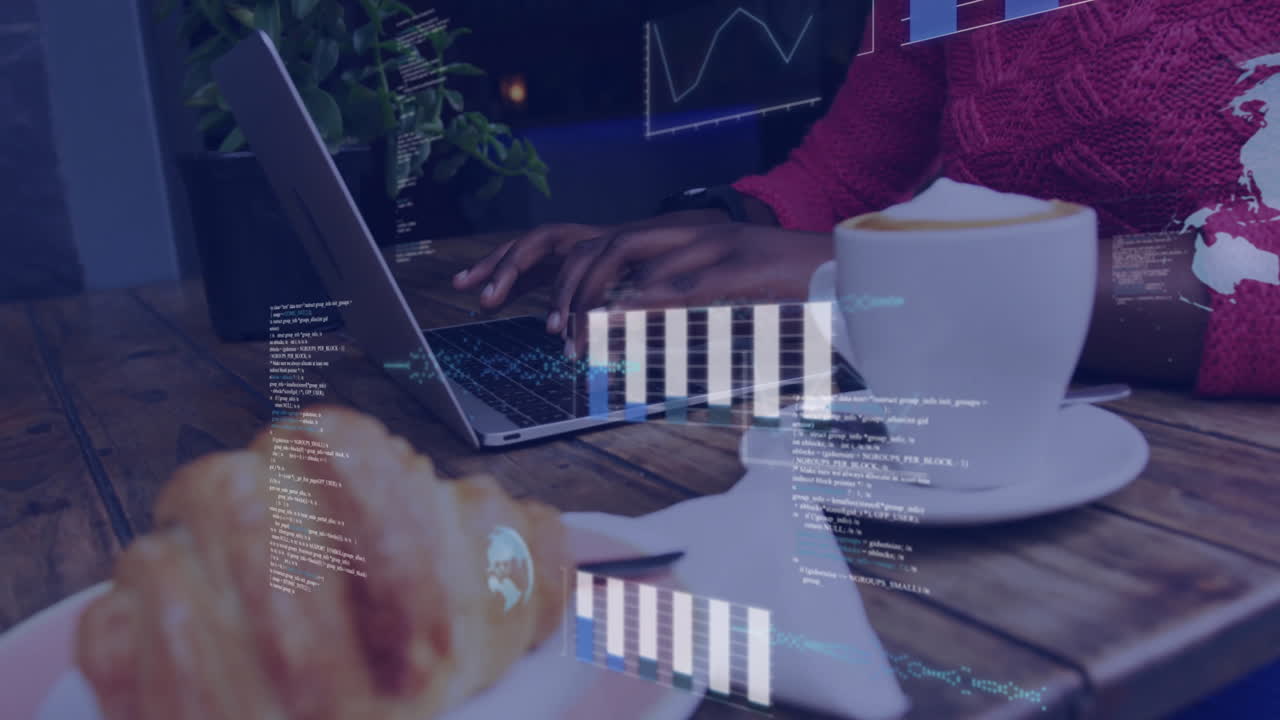 Animation of data processing and diagrams over biracial man using laptop in cafe