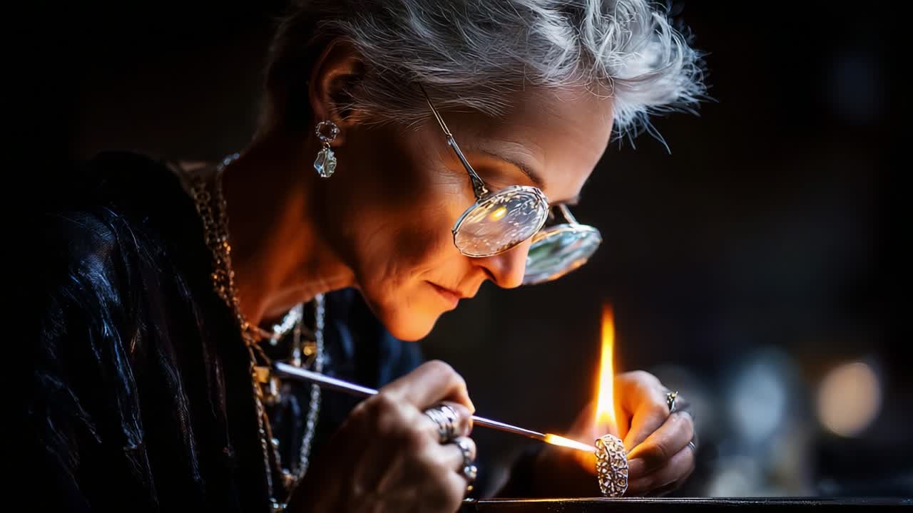 Mesterligt smykkekunsthåndværk: En dygtig kunsthåndværker former forsigtigt ædle metaller med præcision og passion og skaber fantastiske kunstværker under det varme skær fra en flammende fakkel