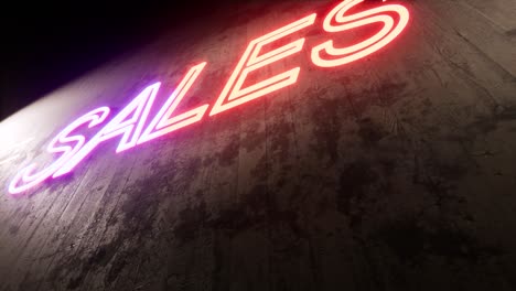 sales neon sign, on a concrete wall, with cracks and dirt all over, an exit sign, and color-changing neon letters, 3d animation camera zoom out from below