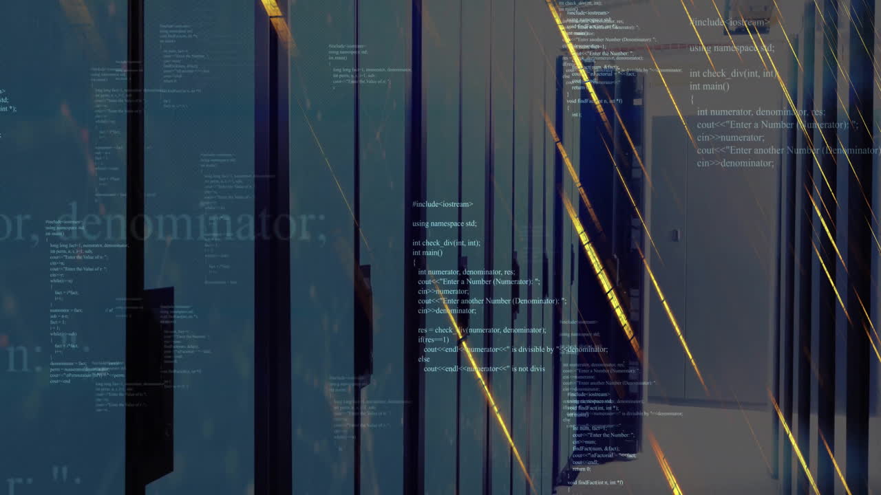 Animation of data processing with falling lines over server room