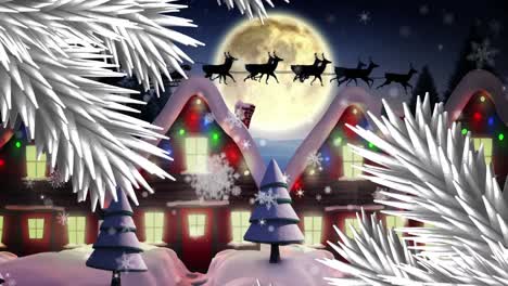 Animation-of-santa-claus-in-sleigh-with-reindeer-moving-over-moon-and-winter-landscape