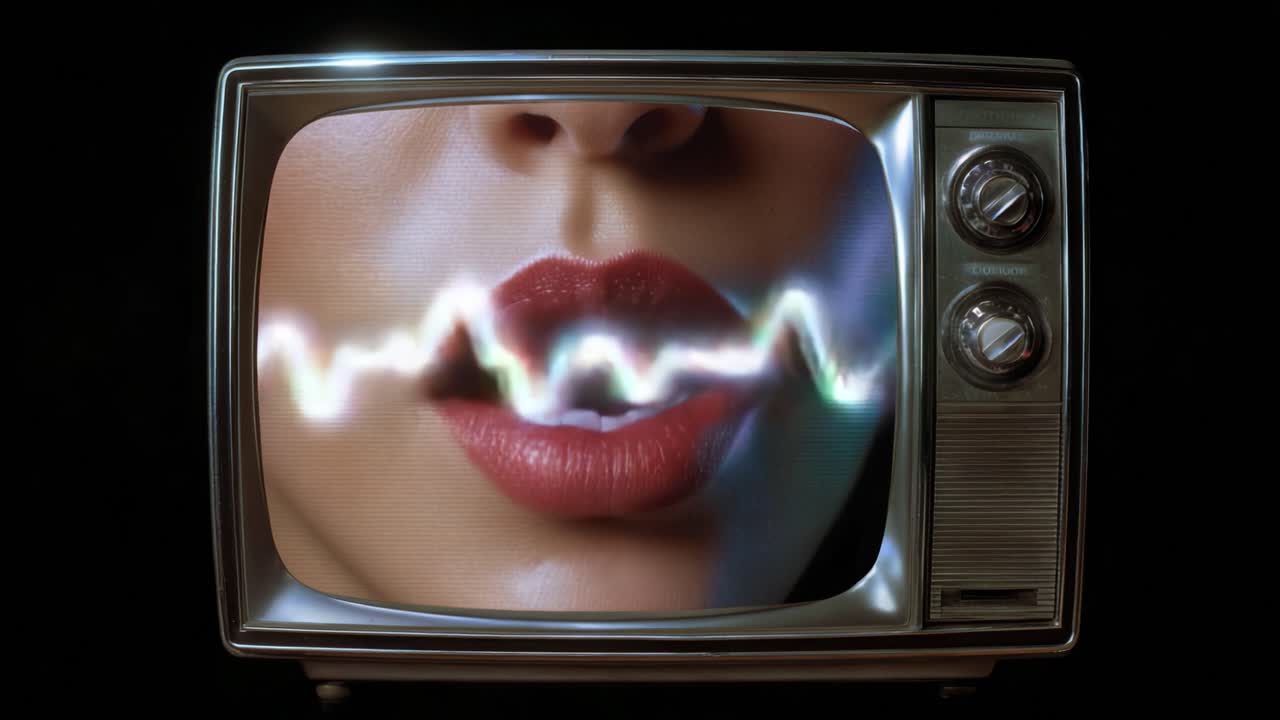 Primo piano di labbra rosse che parlano su una televisione vintage con una sovrapposizione di forma d'onda sonora – Una rappresentazione artistica del suono e della comunicazione mediatica.