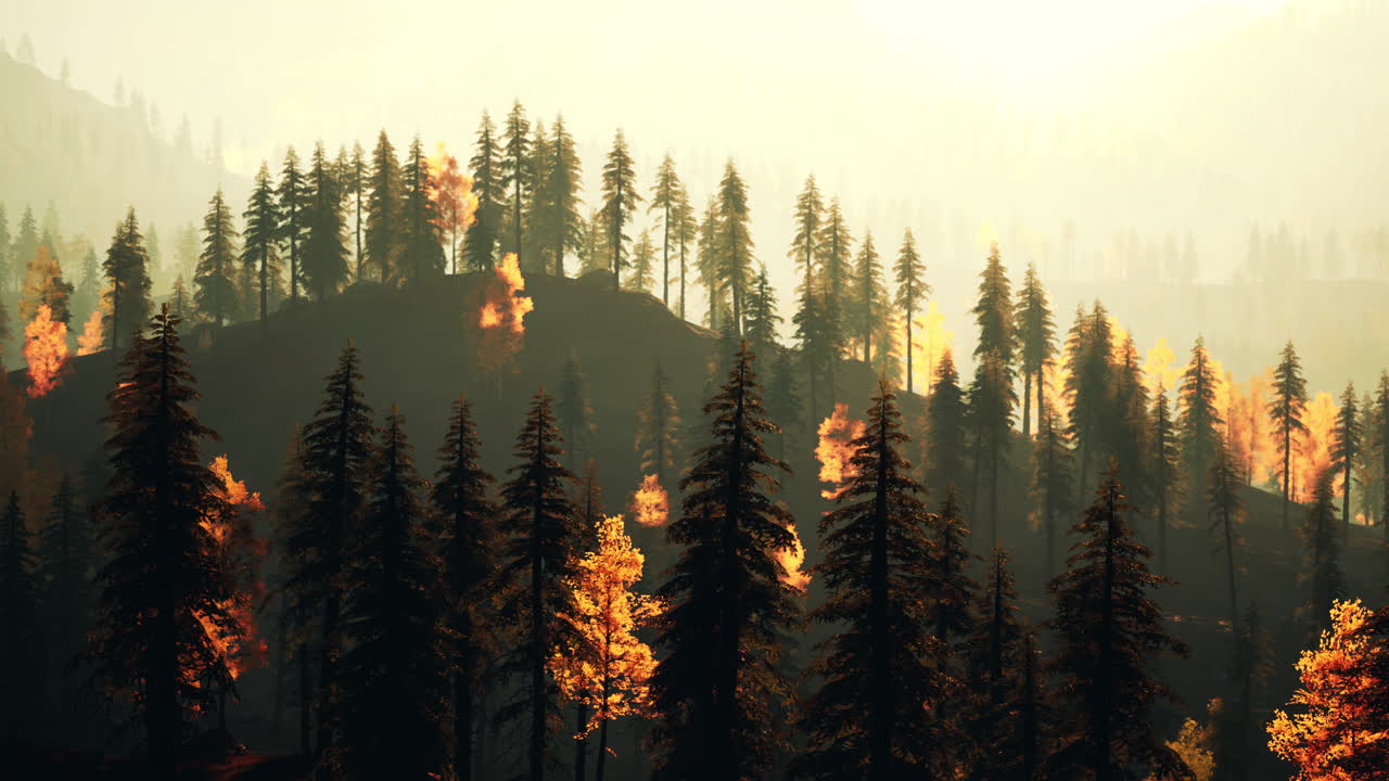 산에서 산불이 불고, 연기와 불꽃이 공기를 가득 채우고 있습니다.