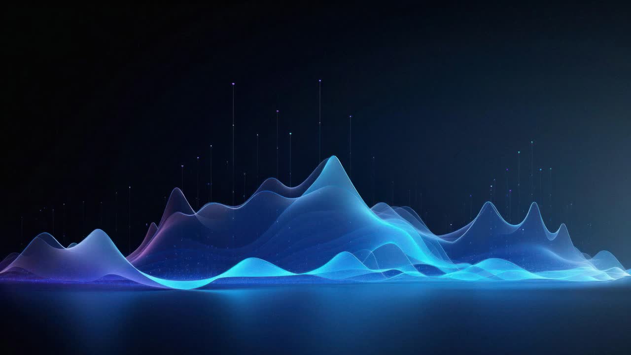 Abstract video of neon waves in blue and purple hues, captured from a low-angle perspective