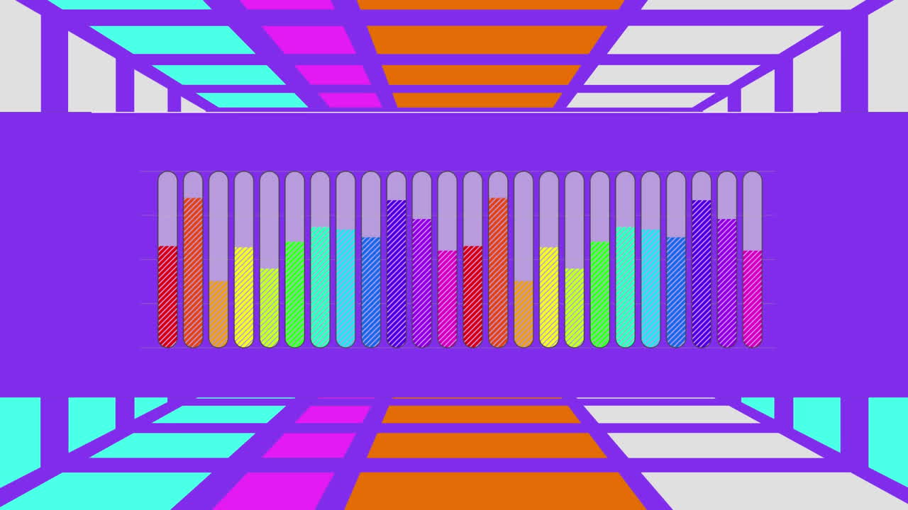 grafico a barre color arcobaleno su viola con sfondo a griglia viola in movimento