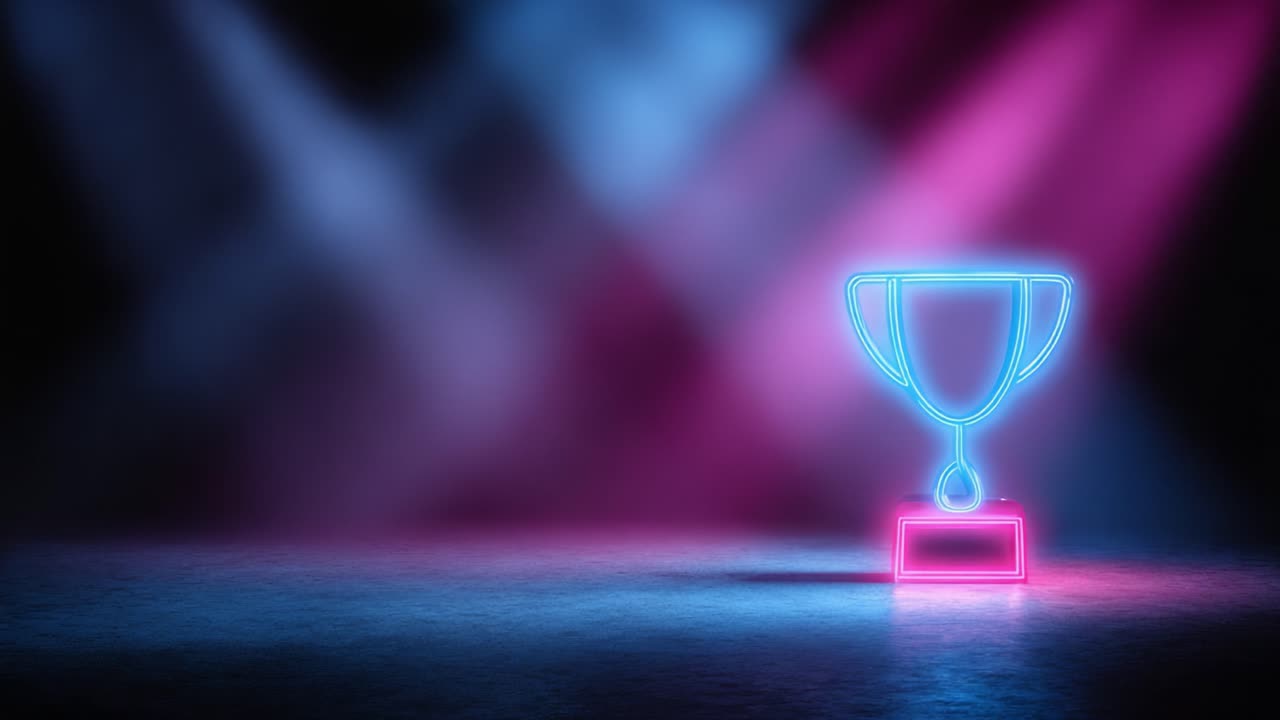 Illuminated Trophy Under Colorful Stage Lights: A Celebration of Achievement and Recognition in a Vibrant and Energetic Atmosphere