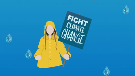 animación del texto sobre el cambio climático en un cartel sostenido por una persona, y gotas que caen sobre un fondo azul