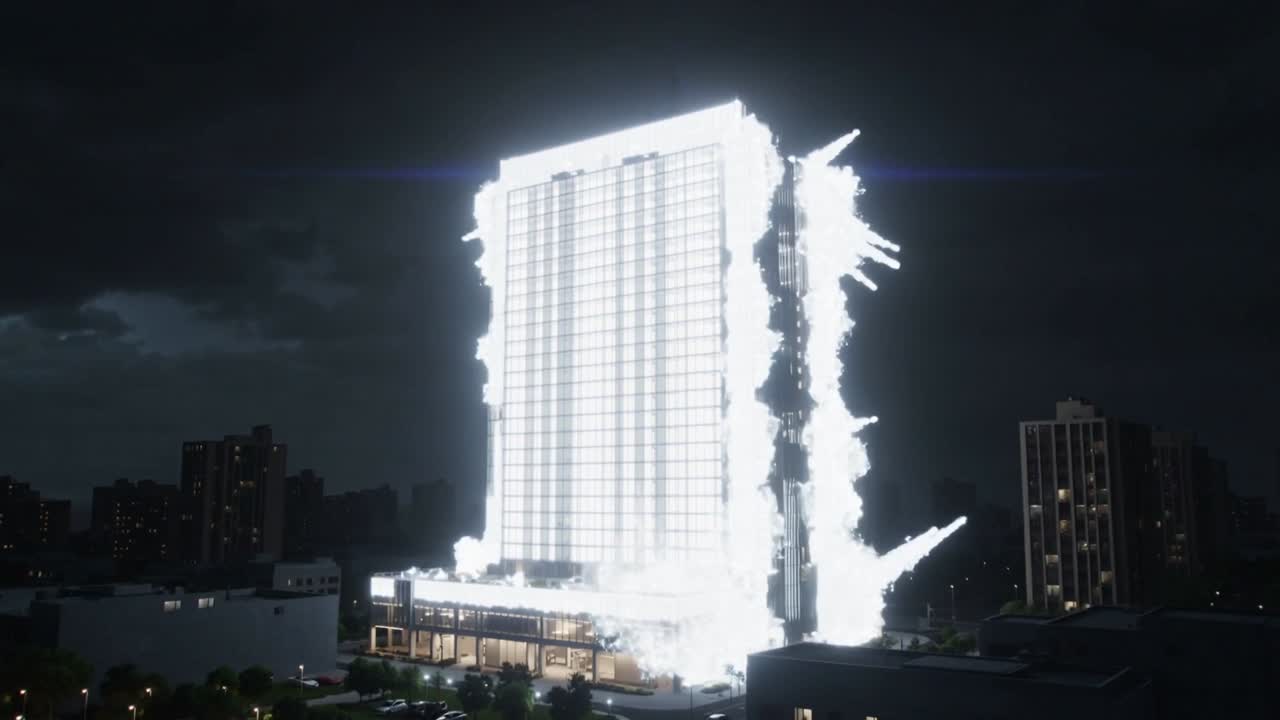 夜空に輝く高層タワーのLEDファサードが点灯し、煙と火花を噴き出す様子。