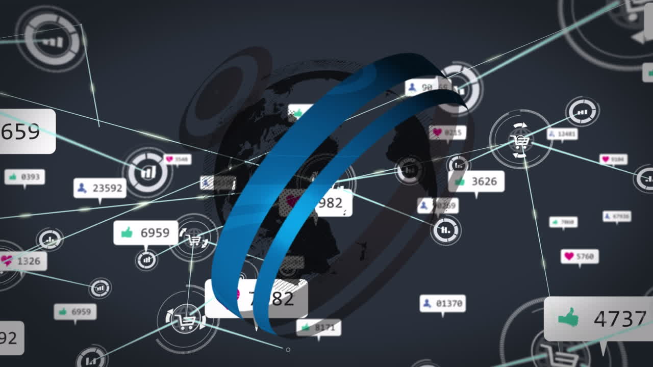 검은색 배경에 세 개의 수학적 방정식에 대한 소셜 미디어 아이콘과 숫자의 애니메이션