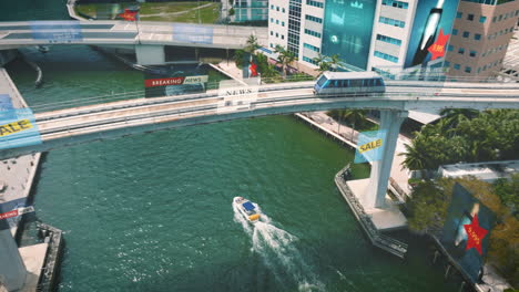 Moderner-Stadtzug,-Der-Sich-über-Die-Brücke-Bewegt,-Mit-Nachrichtenhologrammen-Und-Werbetafeln---3D-Rendering