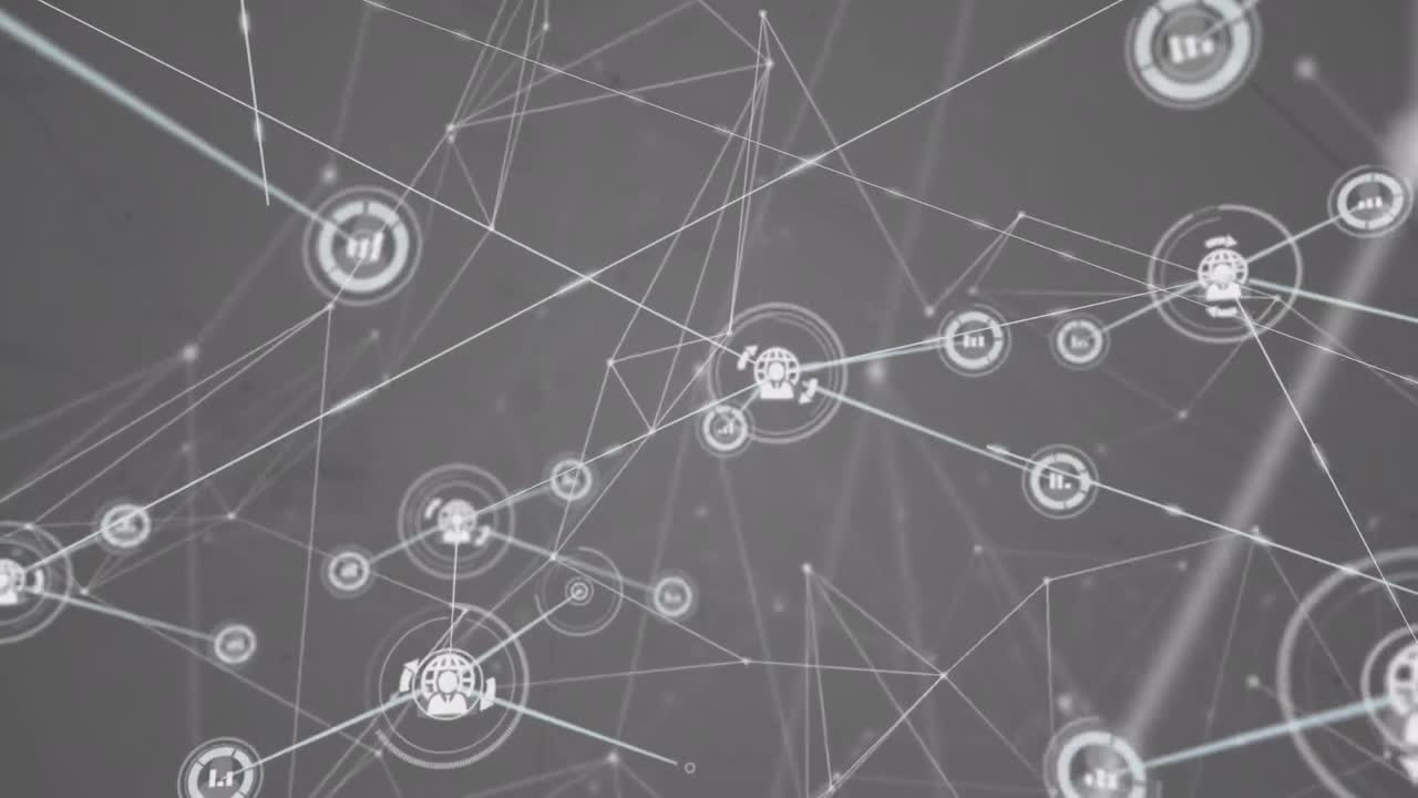 animación de la creciente red de información y iconos de intercambio global que transfieren datos en grises
