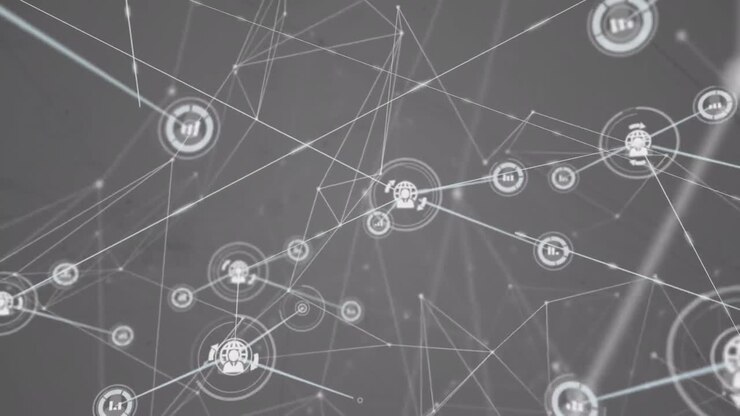 Animazione di rete in crescita di icone di informazioni e condivisione globale che trasferiscono dati su sfondo grigio