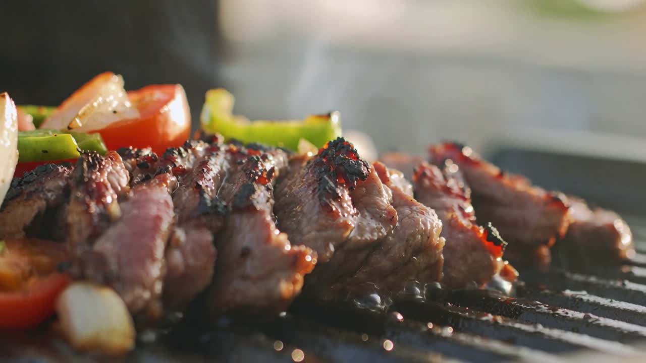 Placing marinated steak and veggies on patio gas grill grate for cooking, producing smoke and sear