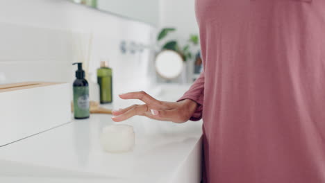 hands, face and cream, woman in bathroom